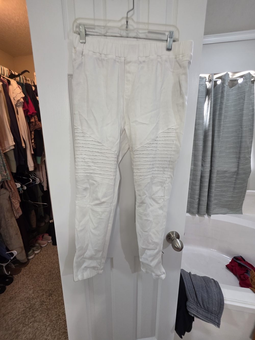 Umgee White Moto Ribbed Skinny Ponte Pants